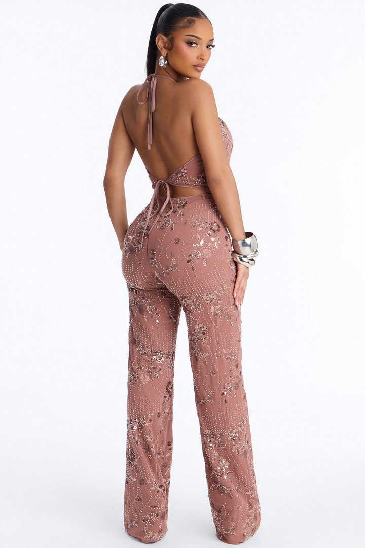Anya Embellished Chiffon Jumpsuit - Chocolate