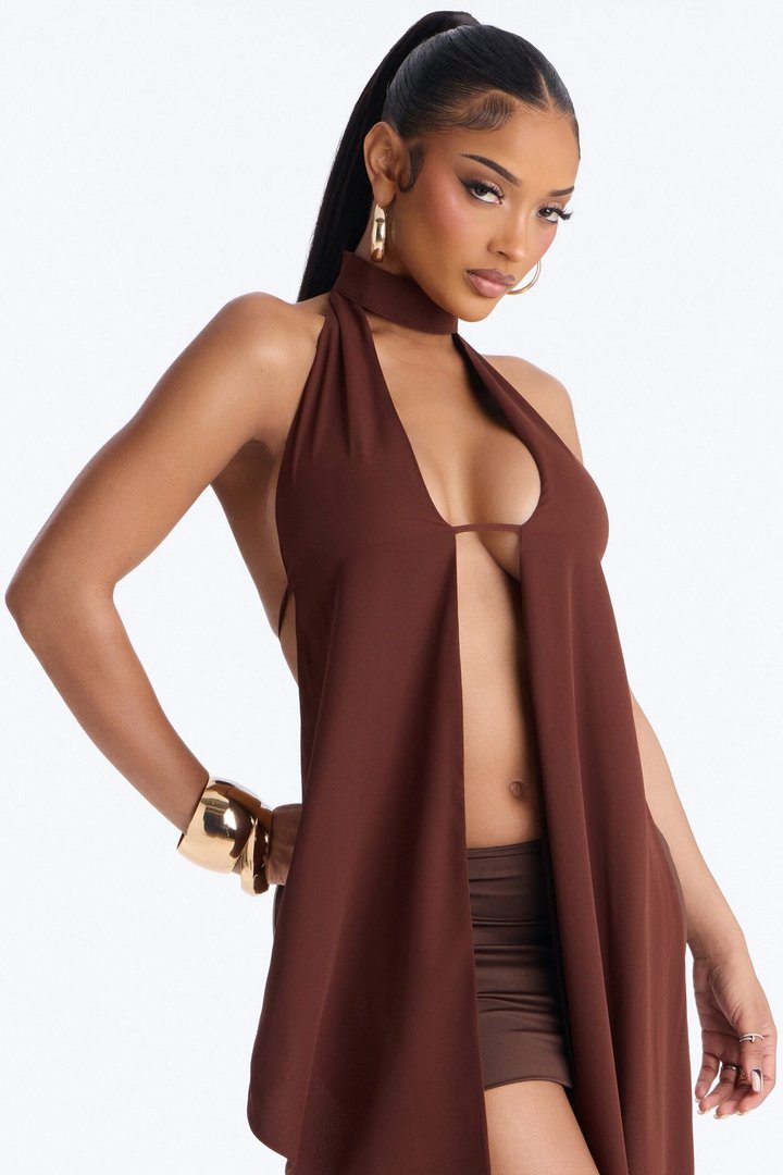 Hearts Over Hustle Draped Chiffon Halter Top - Chocolate