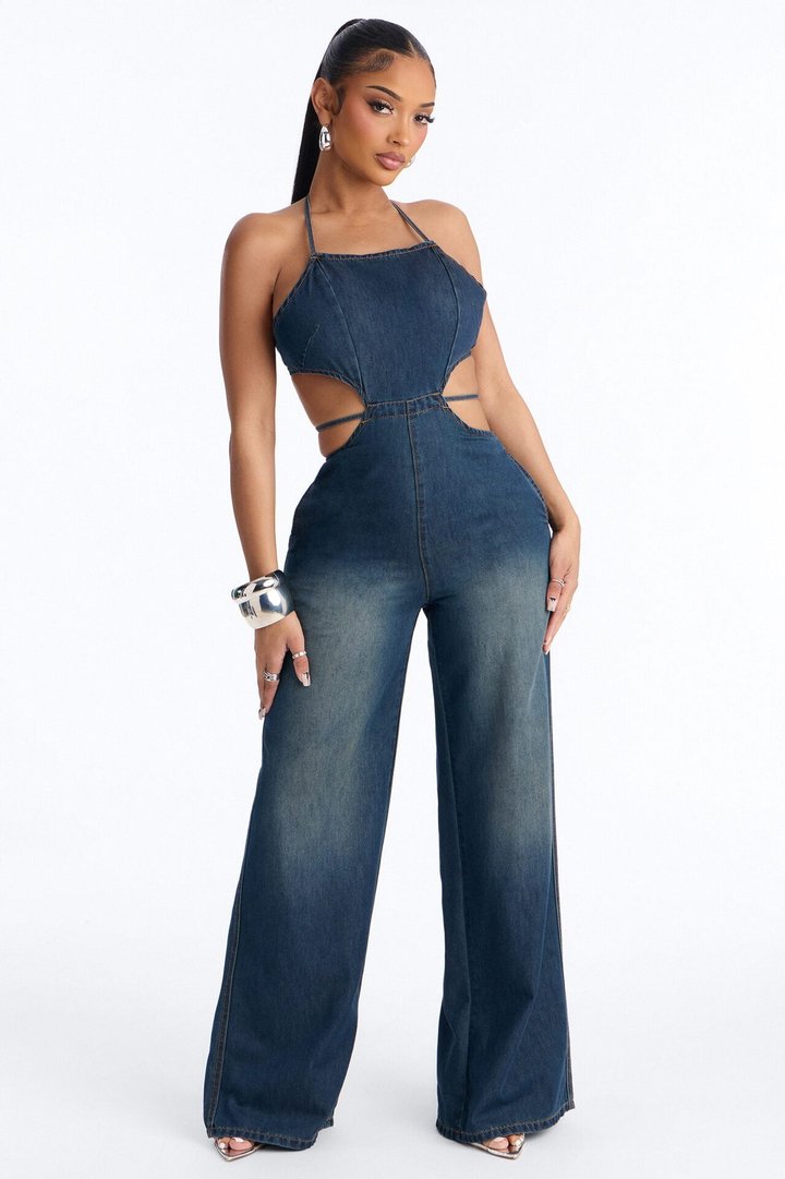 Jules Denim Cut Out Wide Leg Jumpsuit - Dark Wash