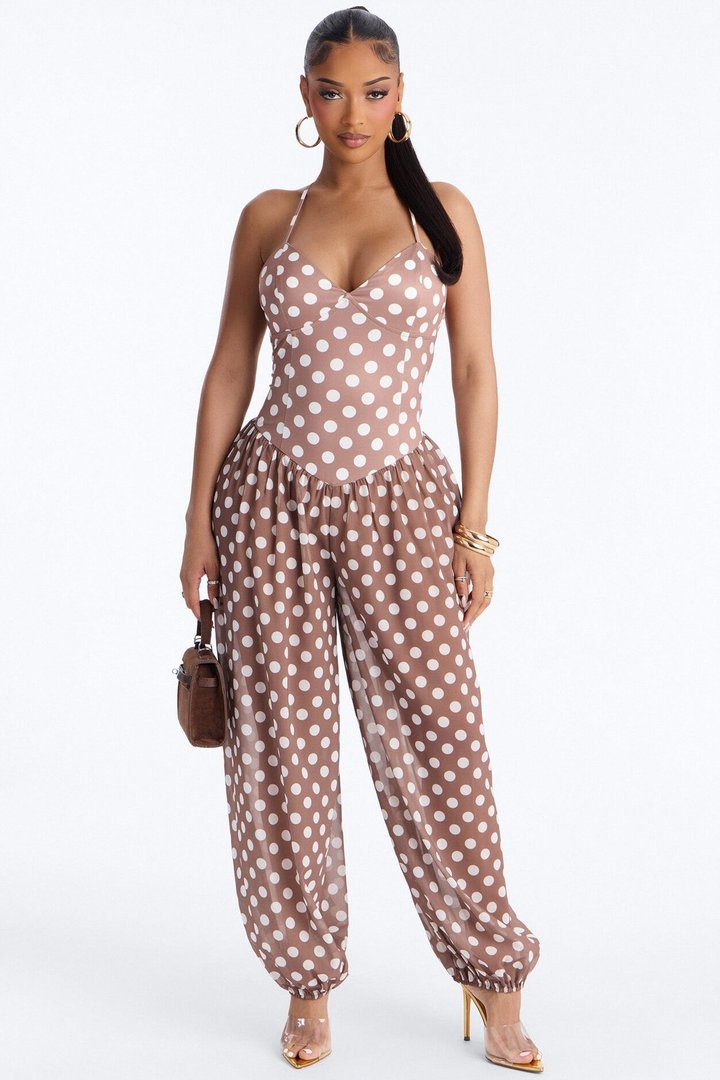 Bella Polka Dot Balloon Leg Jumpsuit - Tan