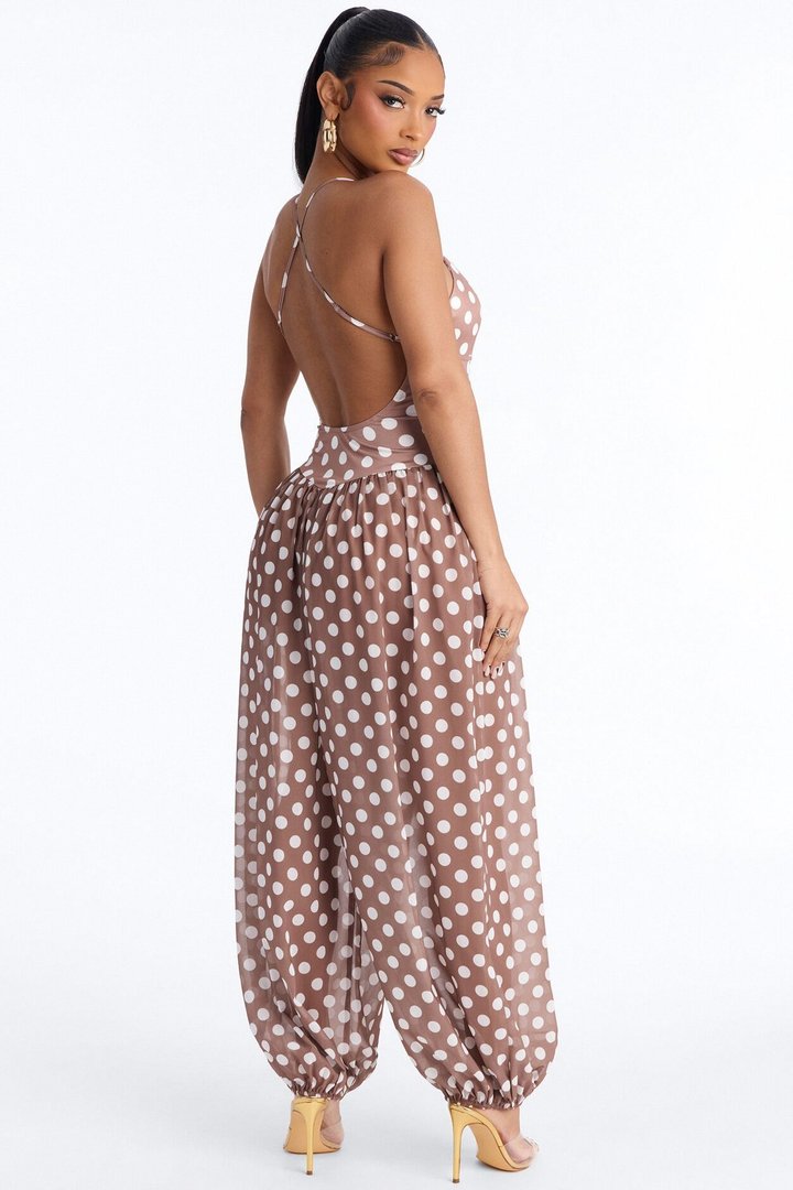 Bella Polka Dot Balloon Leg Jumpsuit - Tan