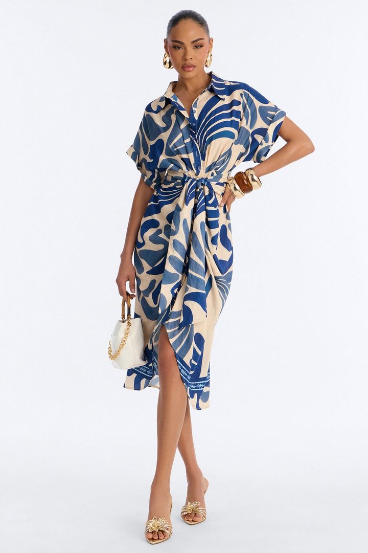 Milani Printed Shirt Midi Dress - White/Blue