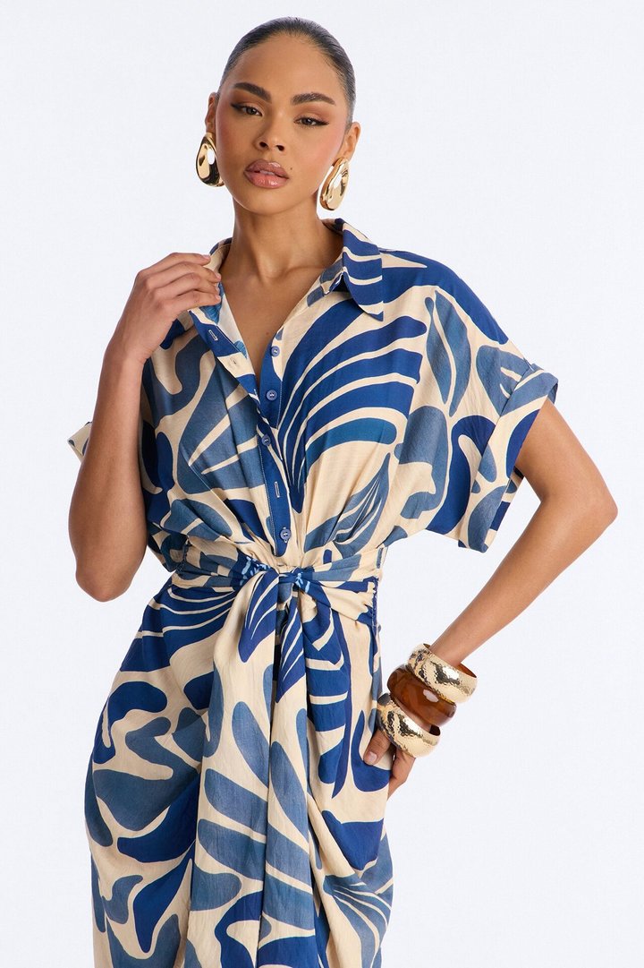 Milani Printed Shirt Midi Dress - White/Blue