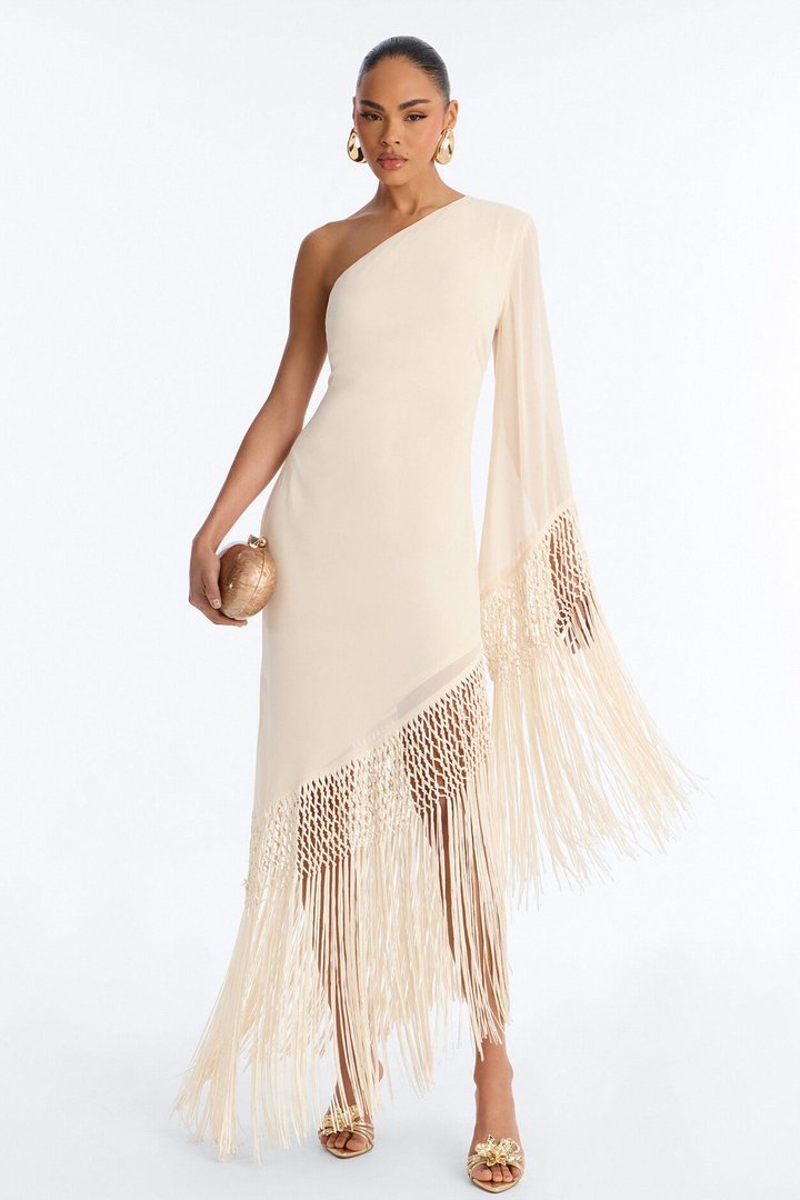 Capri Fringe Chiffon Maxi Dress - Cream