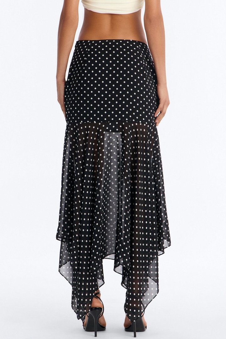 On The Dot Asymmetrical Chiffon Polka Dot Maxi Skirt - Black/White
