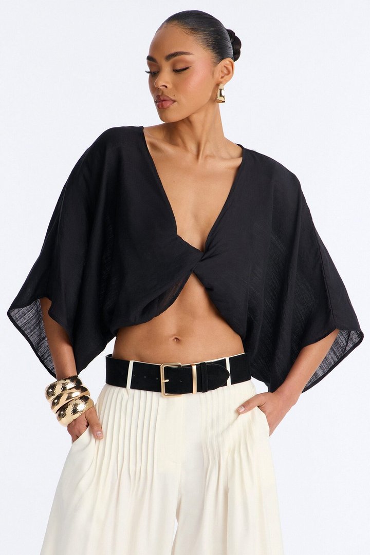 Butter Me Up Knotted Linen Top - Black