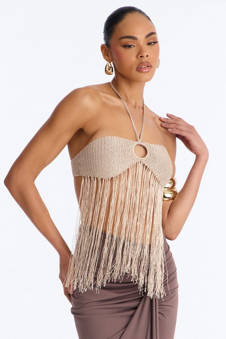 Island Dream Metallic Fringe Crochet Halter Top - Taupe