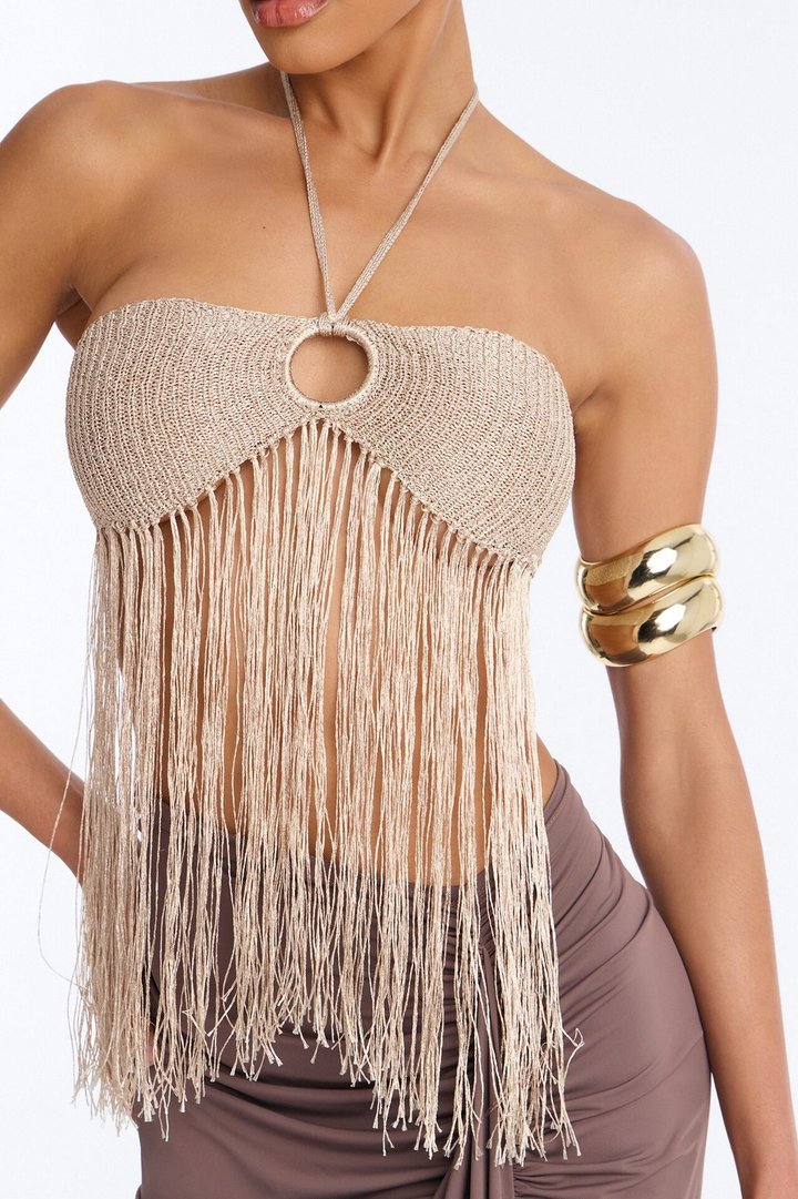 Island Dream Metallic Fringe Crochet Halter Top - Taupe