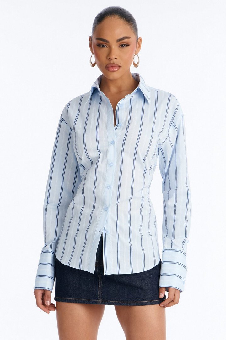 Silent Flex Lace Up Stripe Poplin Shirt - Blue/combo