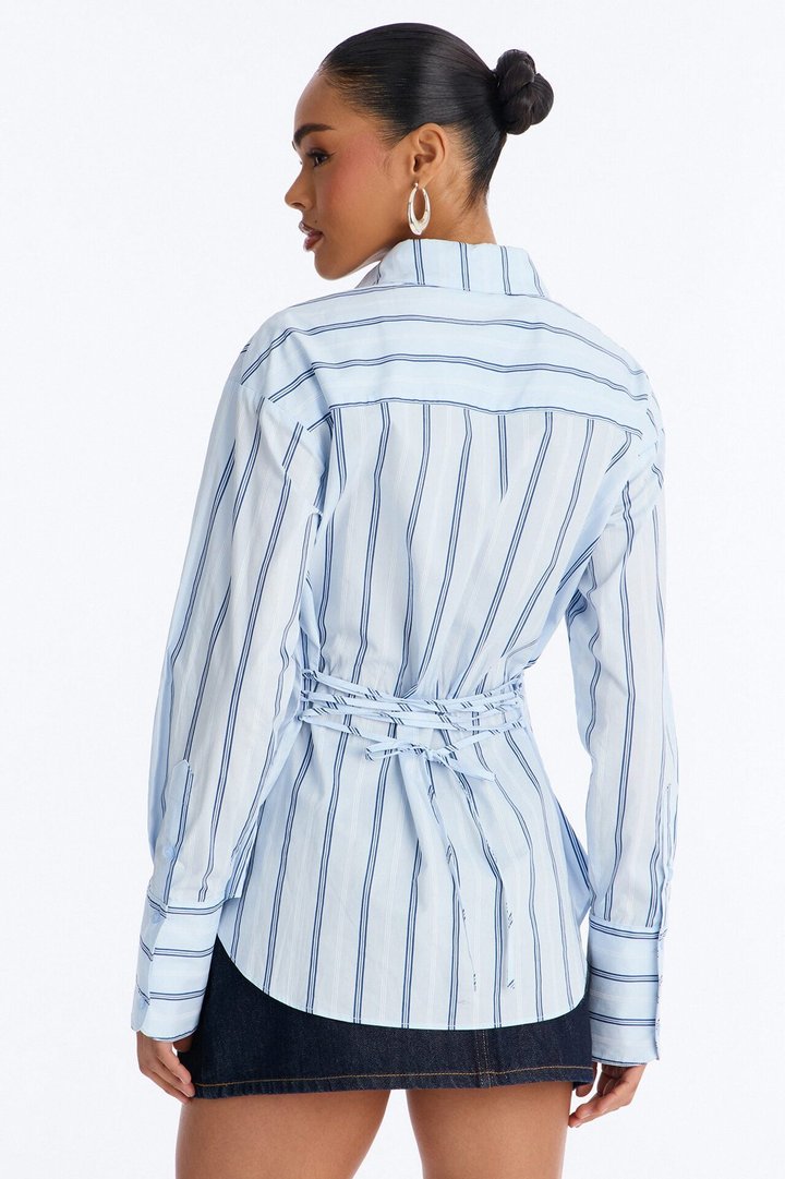 Silent Flex Lace Up Stripe Poplin Shirt - Blue/combo