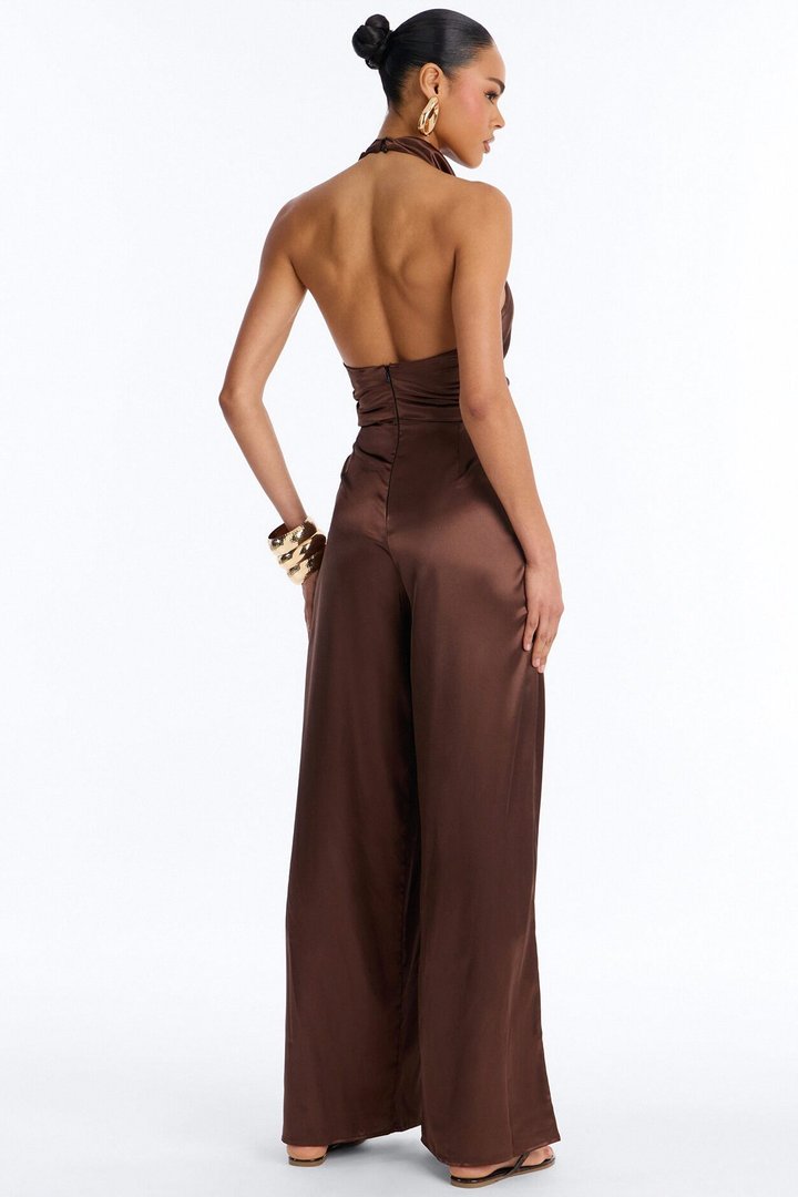 Valeria Satin High Neck Halter Jumpsuit - Chocolate