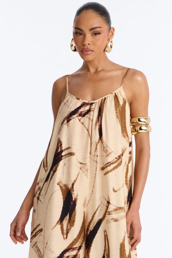 Tropics Time Linen Wide Leg Jumpsuit - Tan