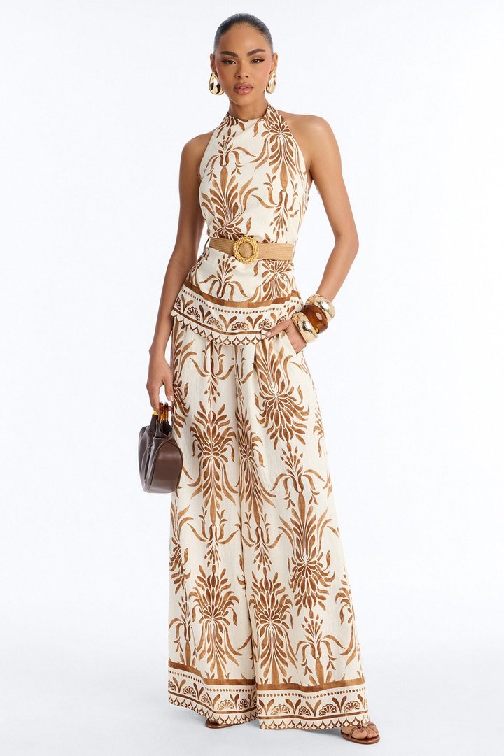 Vacation Fantasy Belted Linen Pant Set - Cream/combo
