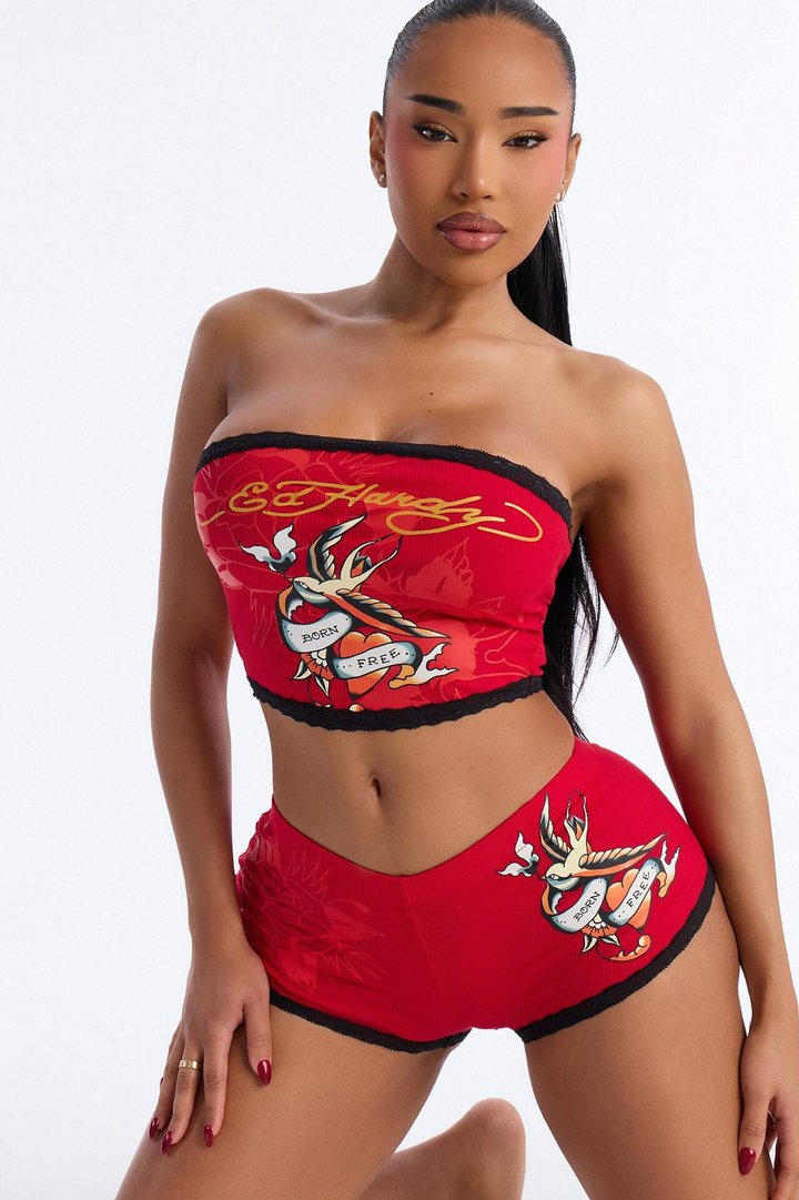 Ed Hardy Born Free Tube Top PJ Short Set - Red