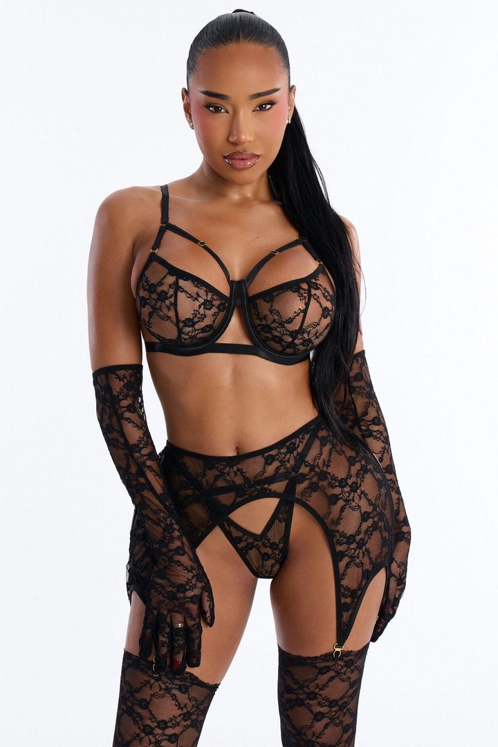 Heated Touch Lace 4 Piece Bra And Panty Set - Black