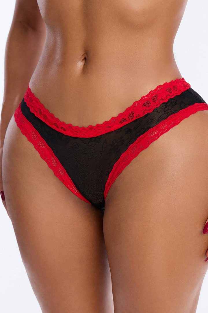 Innocent Until Worn Open Back Bikini Panty - Red/Black