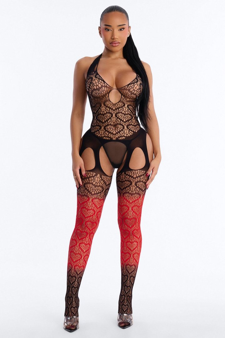 Make You Dream Ombre Crotchless Jumpsuit Bodystocking - Black/Red