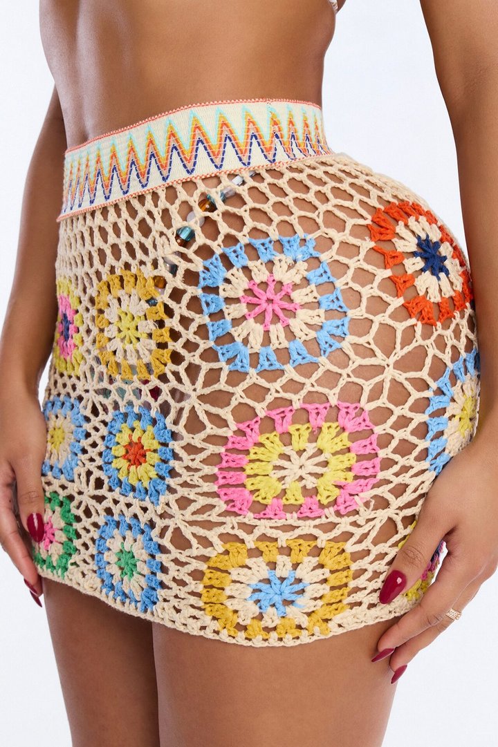 Sienna Patchwork Crochet Swim Cover Up Mini Skirt - Multi Color