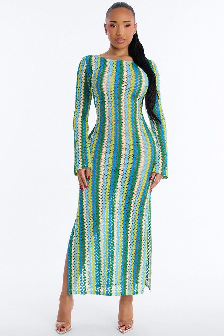 Izzy Pinstripe Flare Sleeves Maxi Swim Cover Up Dress - Green/combo