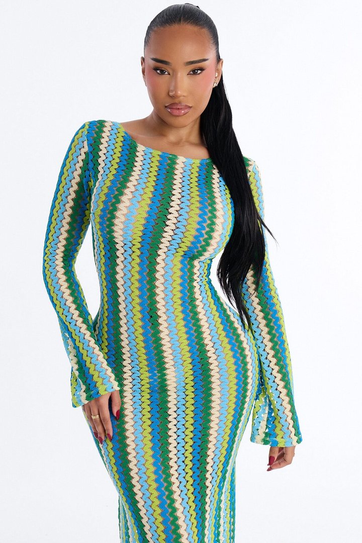 Izzy Pinstripe Flare Sleeves Maxi Swim Cover Up Dress - Green/combo