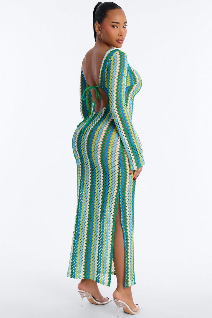 Izzy Pinstripe Flare Sleeves Maxi Swim Cover Up Dress - Green/combo