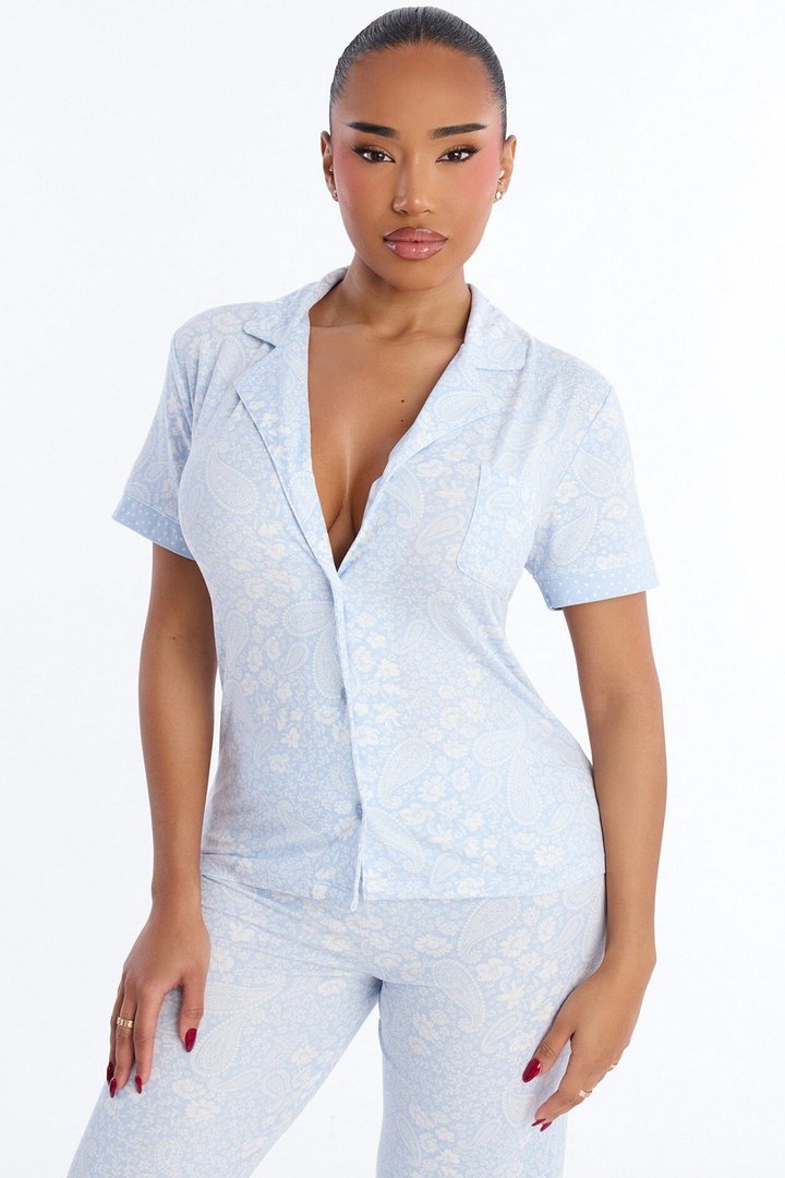 Ditsy Paisley Notch Collar PJ Pant Set - Ice Blue