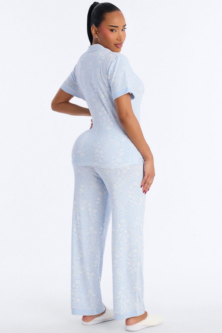 Ditsy Paisley Notch Collar PJ Pant Set - Ice Blue