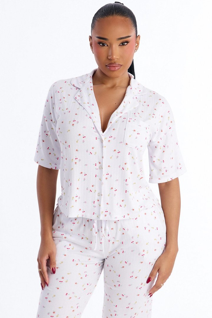 Fruit Toss Notch Collar PJ Pant Set - White