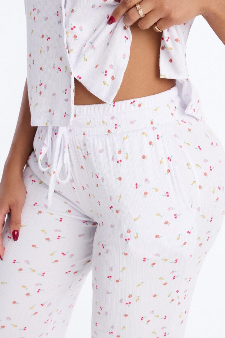 Fruit Toss Notch Collar PJ Pant Set - White