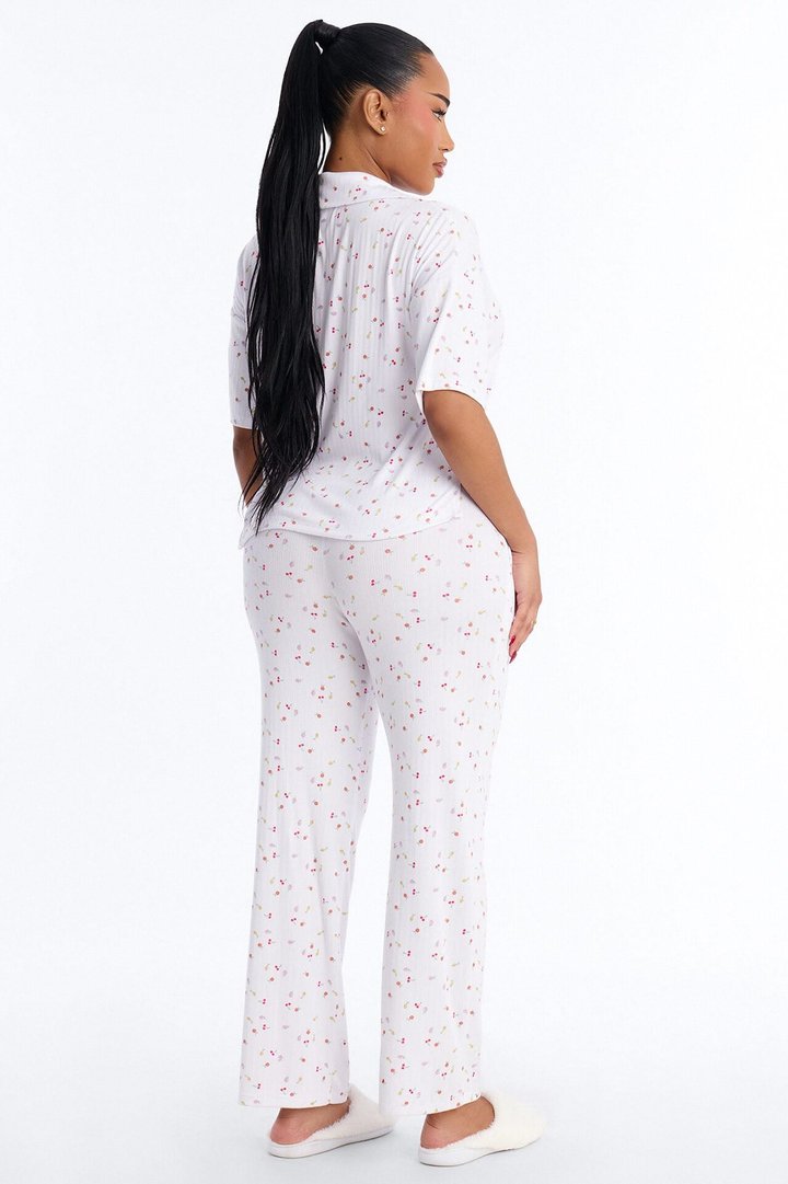 Fruit Toss Notch Collar PJ Pant Set - White