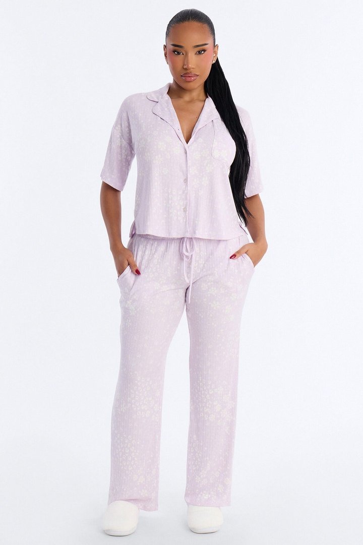 Patchwork Floral Notch Collar PJ Pant Set - Lavender