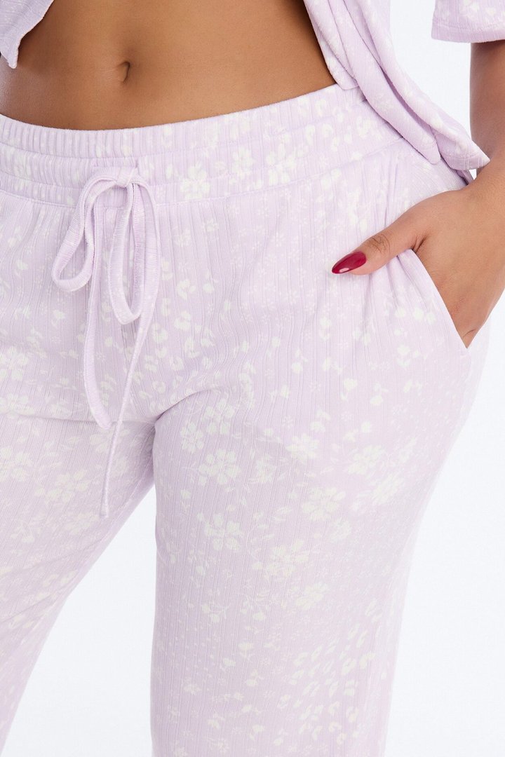 Patchwork Floral Notch Collar PJ Pant Set - Lavender