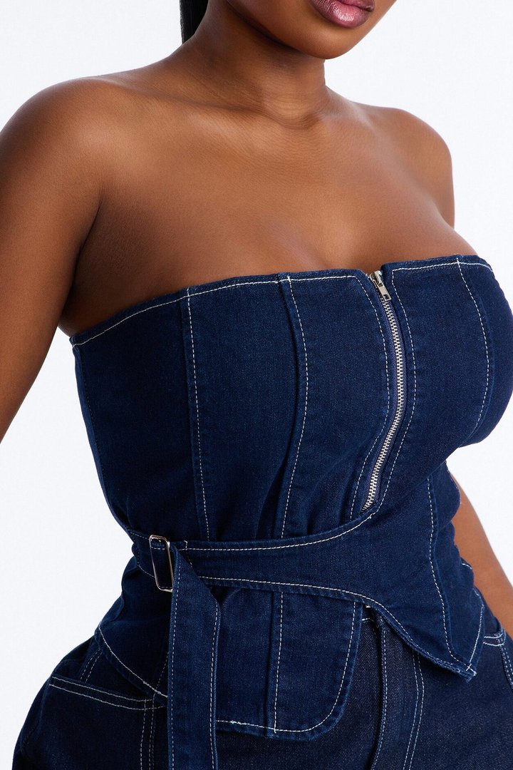 Urban Goddess Front Zip Belted Denim Top - Dark Wash