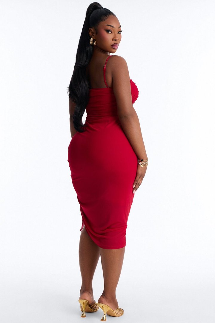 Pretty Lady Ruched Midi Dress - Red
