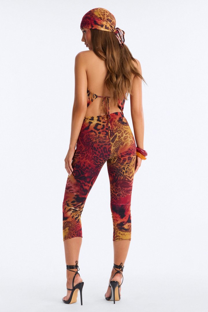 Nadia Leopard Mesh 3 Piece Capri Set - Orange/combo