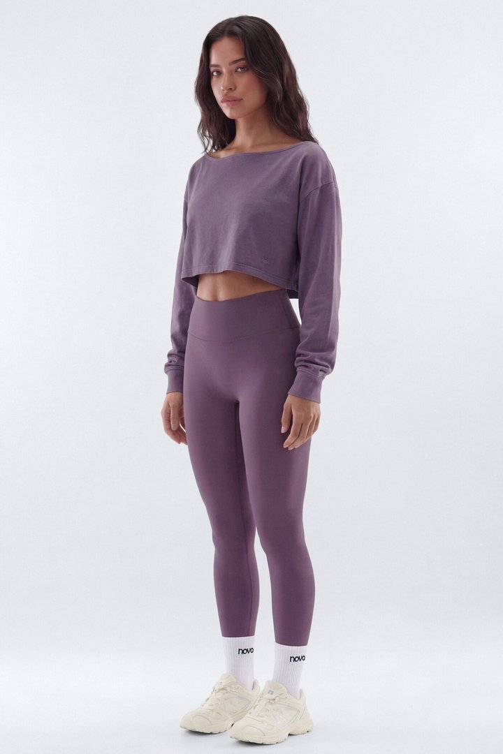 Cotton Jersey Off Shoulder Long Sleeve Crop Top - Iris