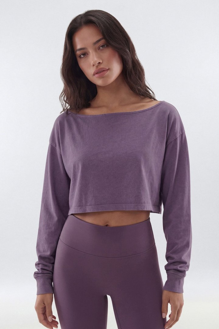 Cotton Jersey Off Shoulder Long Sleeve Crop Top - Iris