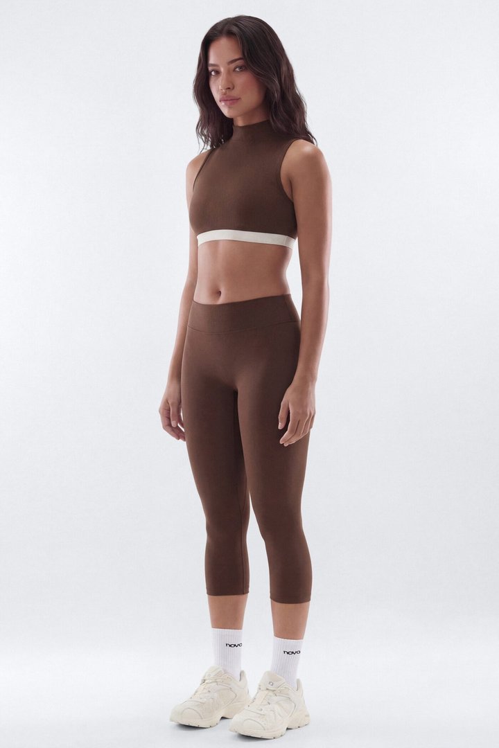 CloudForm™ High Neck Contrast Sports Top - Brown Combo