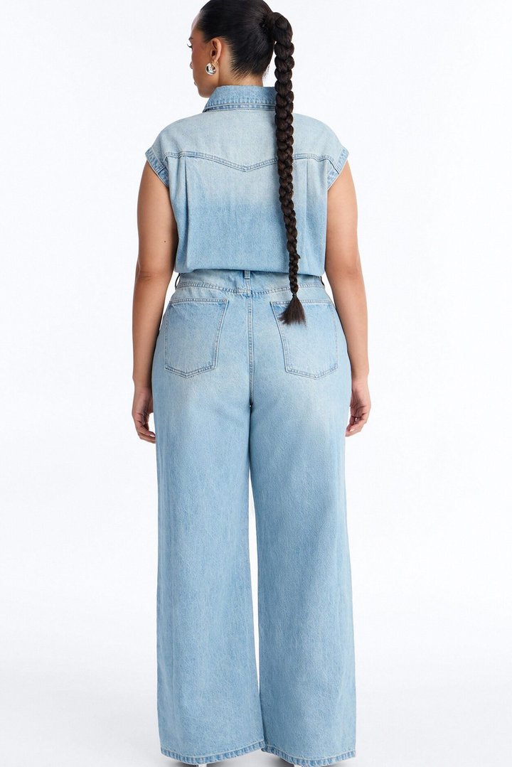 Let's Move Sleeveless Denim Wide Leg Jumpsuit - Light Wash