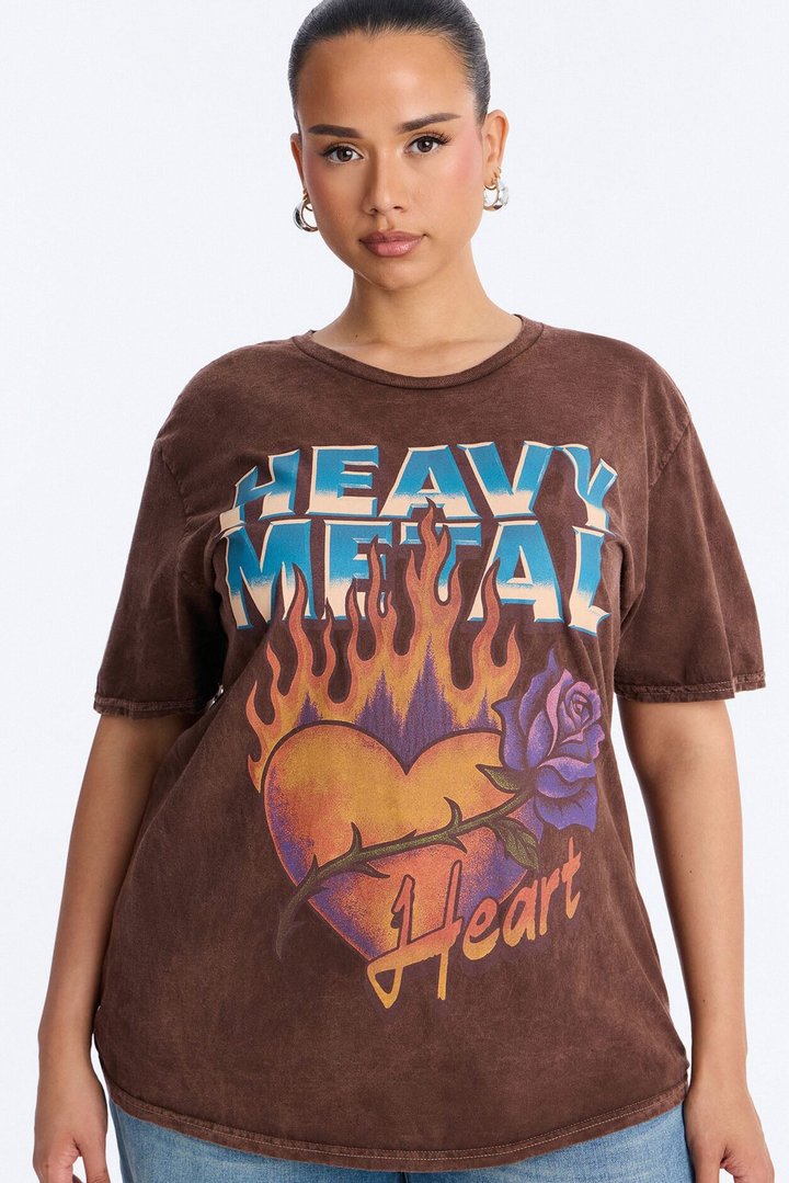 Heavy Metal Flaming Heart Washed Tee - Brown