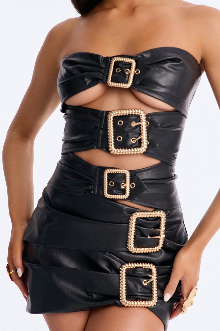 Ignite Faux Leather Buckle Mini Skirt Set - Black