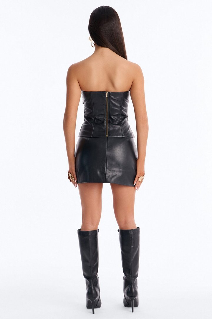 Ignite Faux Leather Buckle Mini Skirt Set - Black