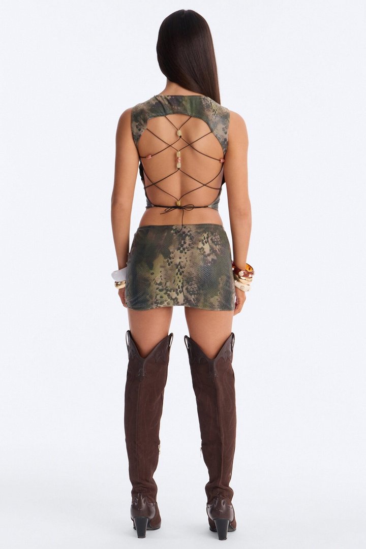 Solene Beaded Lace Up Back Skirt Set - Olive/combo