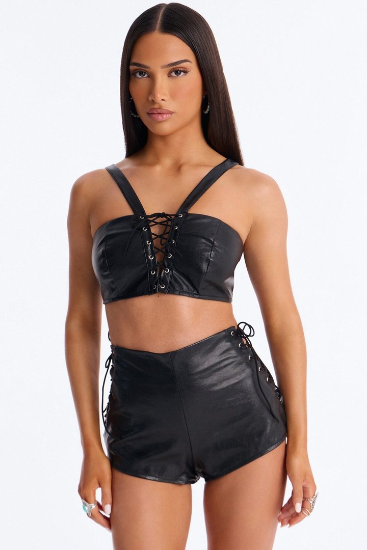 Electric Faux Leather Micro Mini Short Set - Black