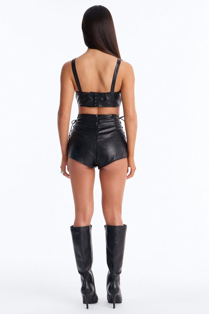 Electric Faux Leather Micro Mini Short Set - Black