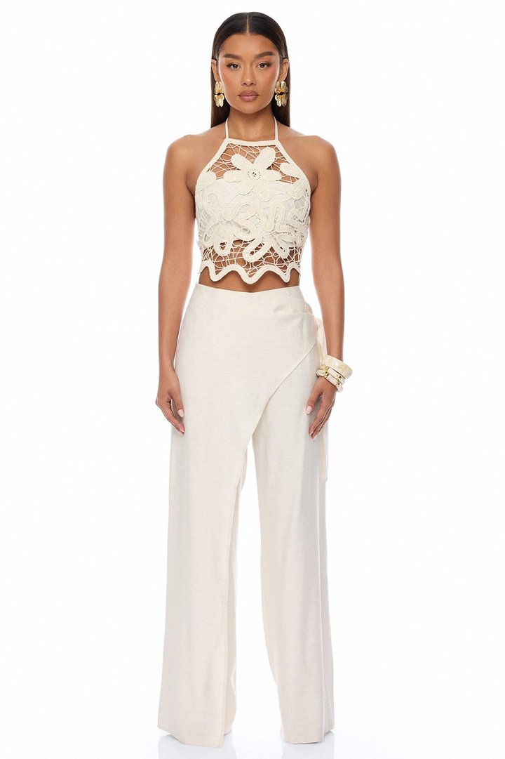 Golden Getaway Draped Crochet Pant Set - Cream