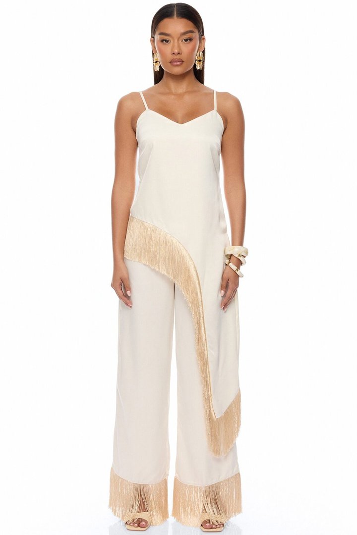 Natural Drama Fringe Satin Pant Set - Ivory