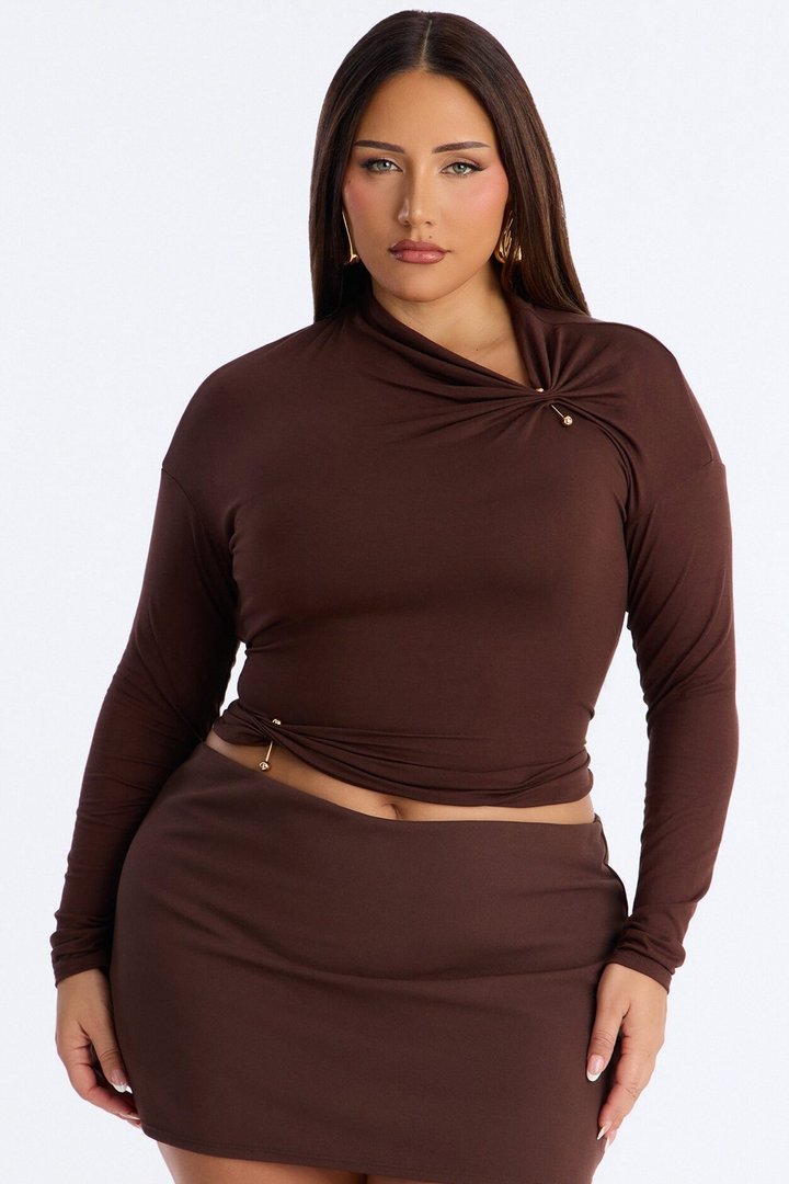 Pin Me Asymmetrical Neck Long Sleeve Top - Brown