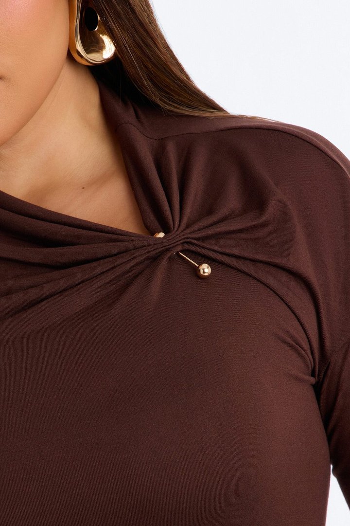 Pin Me Asymmetrical Neck Long Sleeve Top - Brown