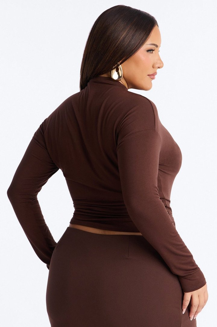 Pin Me Asymmetrical Neck Long Sleeve Top - Brown